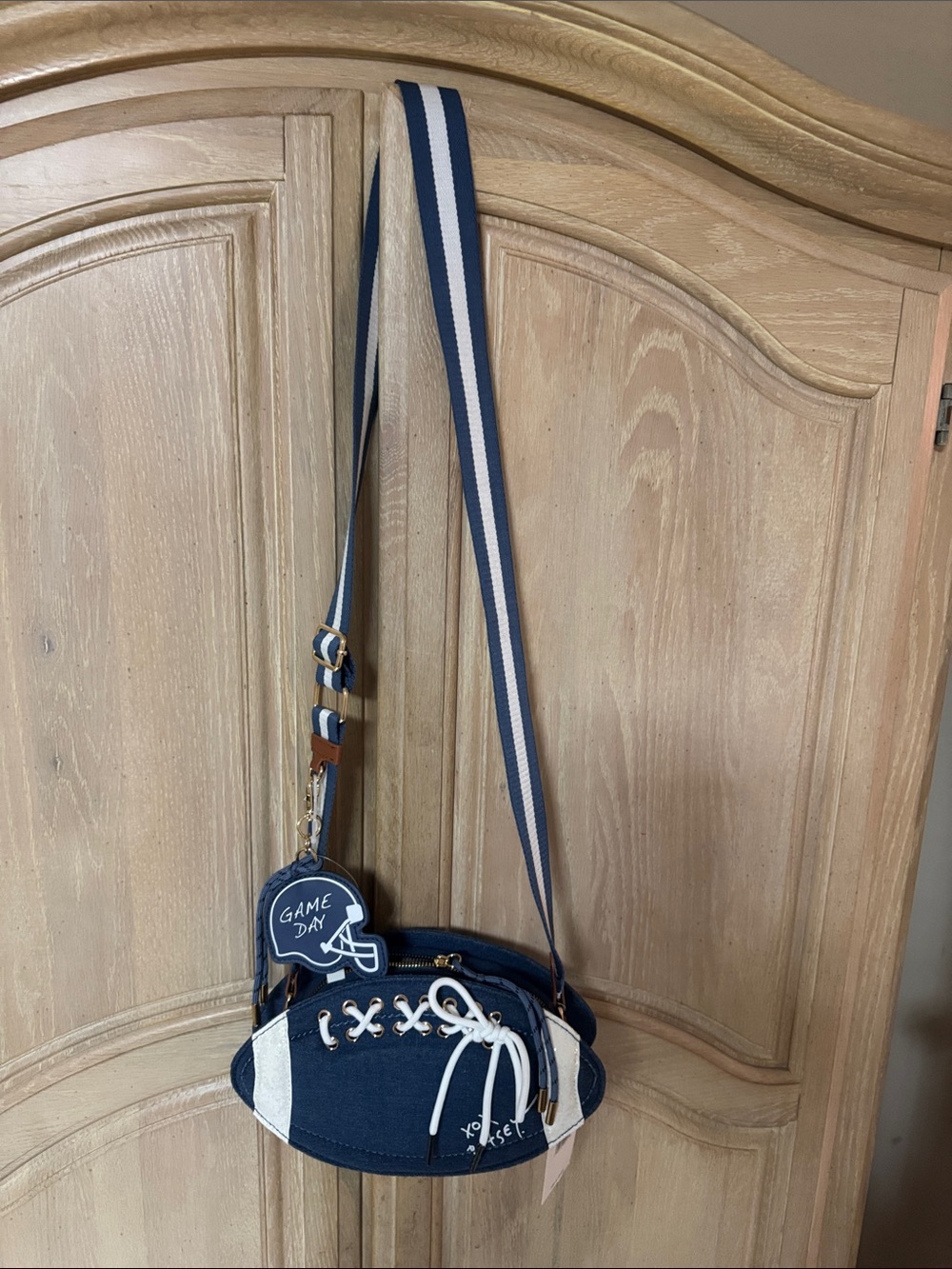 Betsey Johnson Navy and White Football Crossbody Bag with Striped Strap